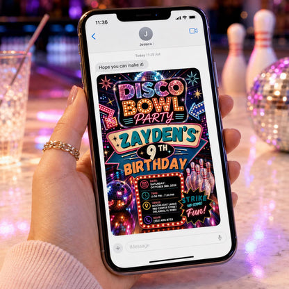 Neon Disco Bowling 9th Birthday Invitation — ball design