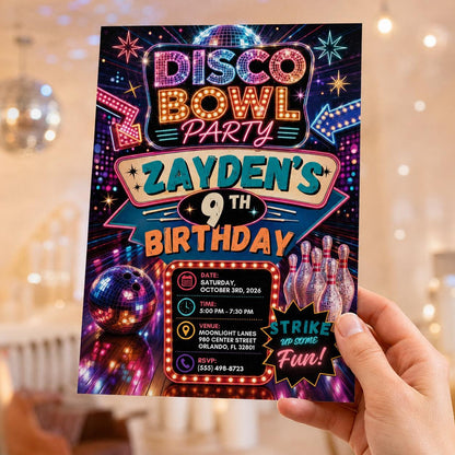Neon Disco Bowling 9th Birthday Invitation — invitation you personalize in Canva