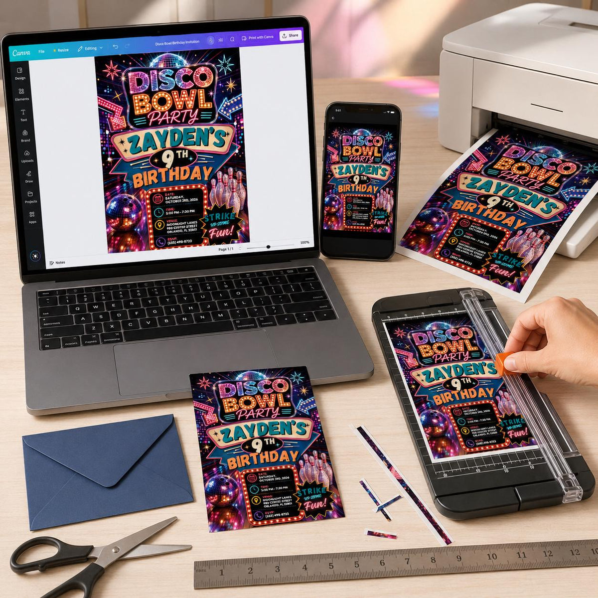 Neon Disco Bowling 9th Birthday Invitation — print-ready 9th birthday party design from VoltBy