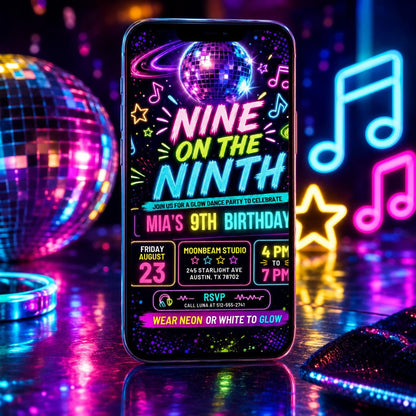 Neon Disco Glow Dance Party Invitation — ball design