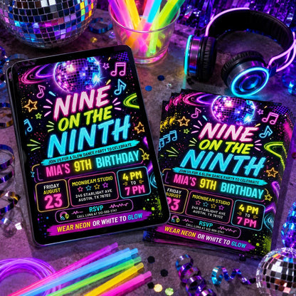 Neon Disco Glow Dance Party Invitation — print-ready 9th birthday party design from VoltBy