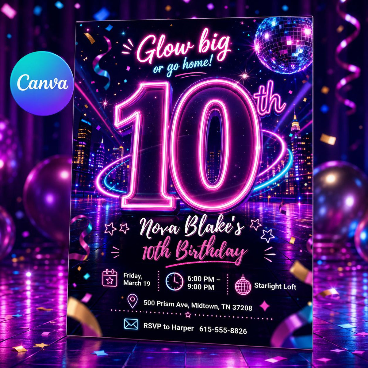 Neon Disco Glow Party 10th Birthday Invitation — editable Canva template