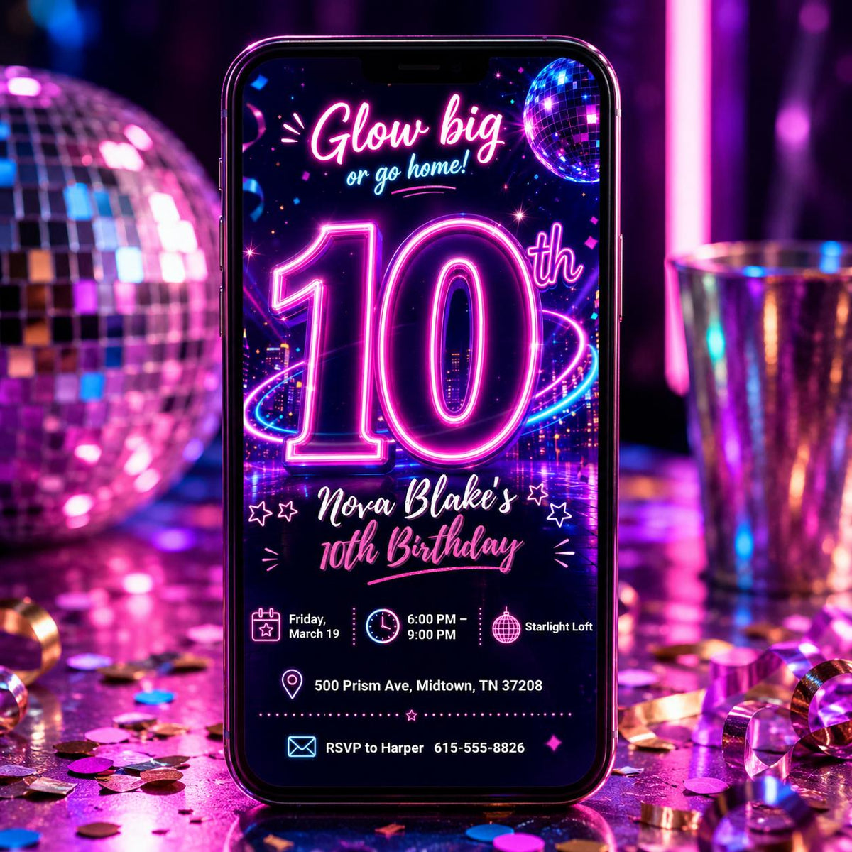Neon Disco Glow Party 10th Birthday Invitation — ball design