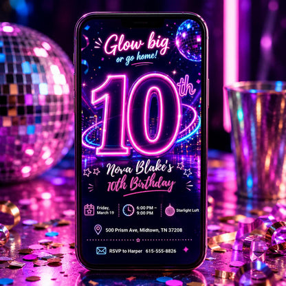 Neon Disco Glow Party 10th Birthday Invitation — ball design