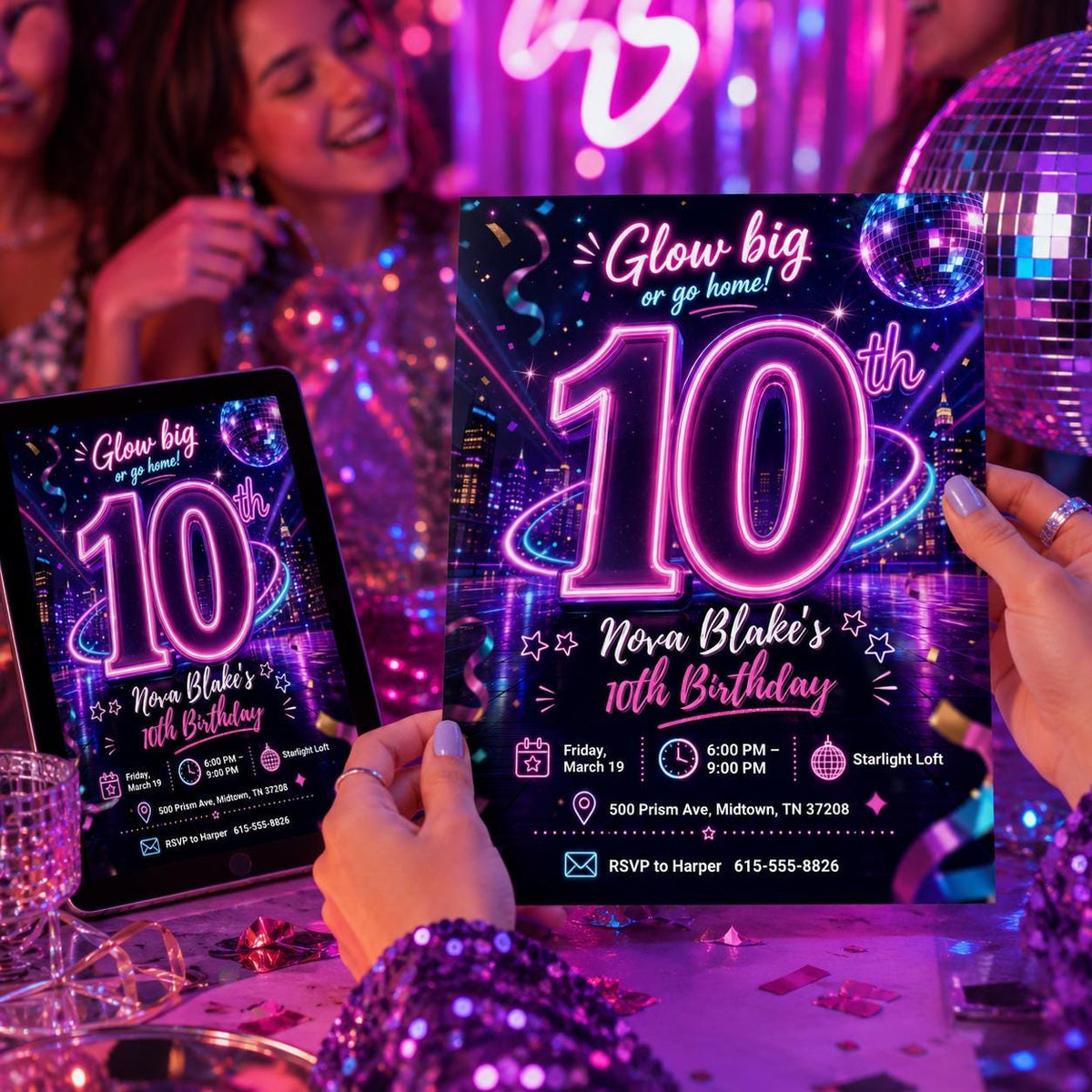 Neon Disco Glow Party 10th Birthday Invitation — print-ready 10th birthday party design from VoltBy