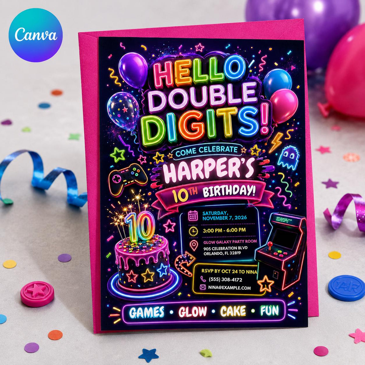 Neon Double Digits 10th Birthday Invitation — editable Canva template