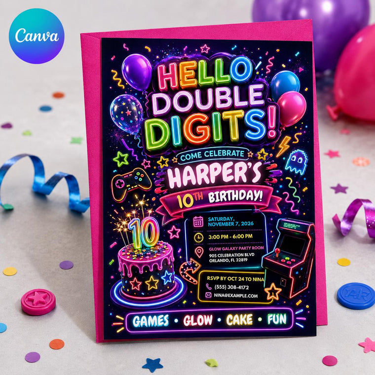 Neon Double Digits 10th Birthday Invitation