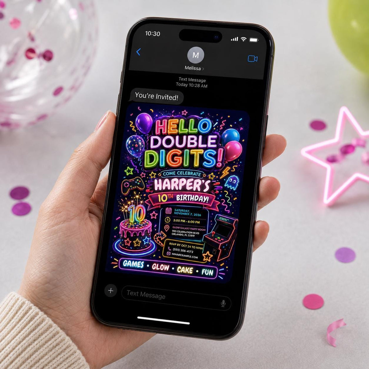 Neon Double Digits 10th Birthday Invitation — gaming design
