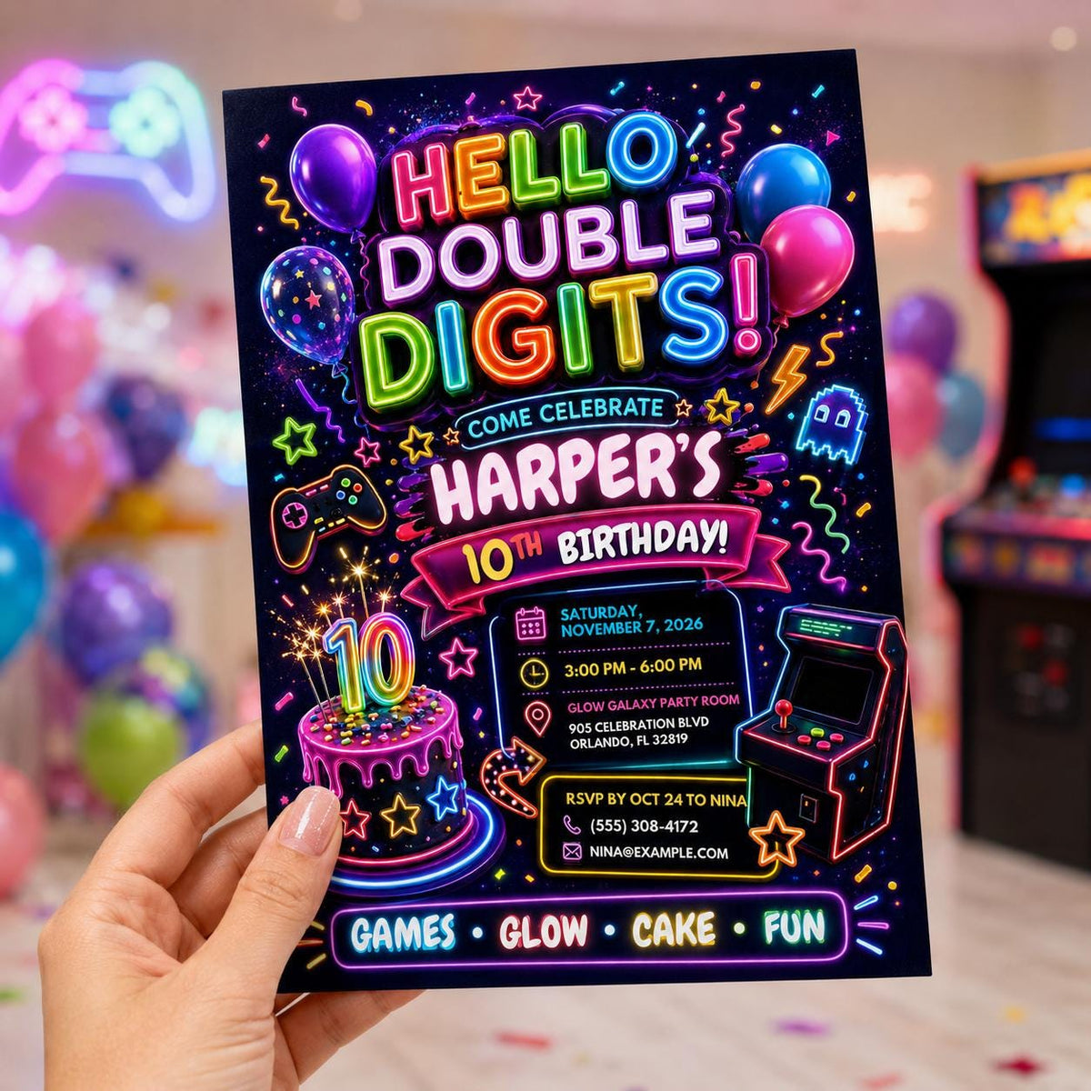 Neon Double Digits 10th Birthday Invitation — invitation you personalize in Canva