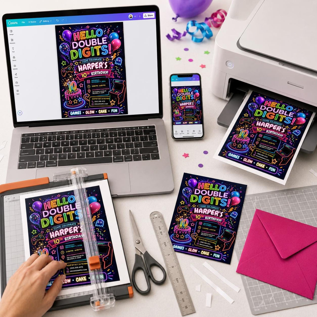 Neon Double Digits 10th Birthday Invitation — print-ready 10th birthday party design from VoltBy