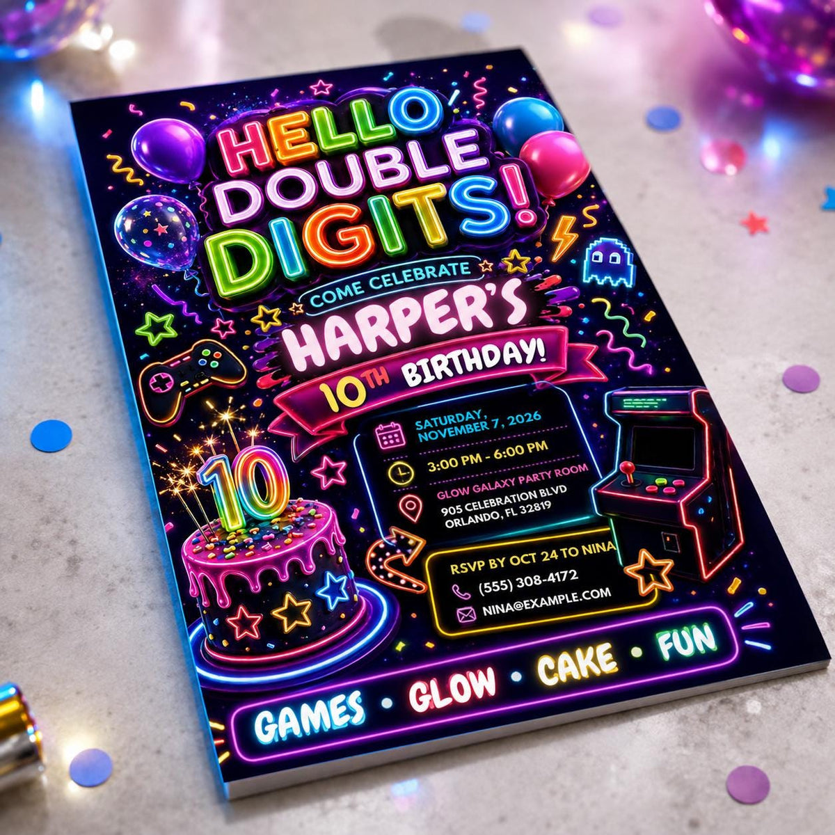 Neon Double Digits 10th Birthday Invitation — digital invitation, instant download