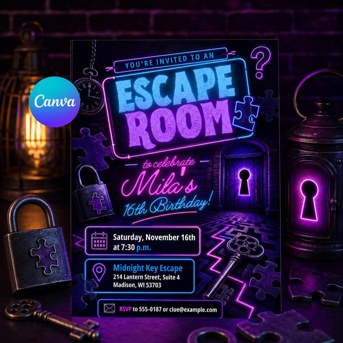 Neon Escape Room 16th Birthday Invitation — editable Canva template