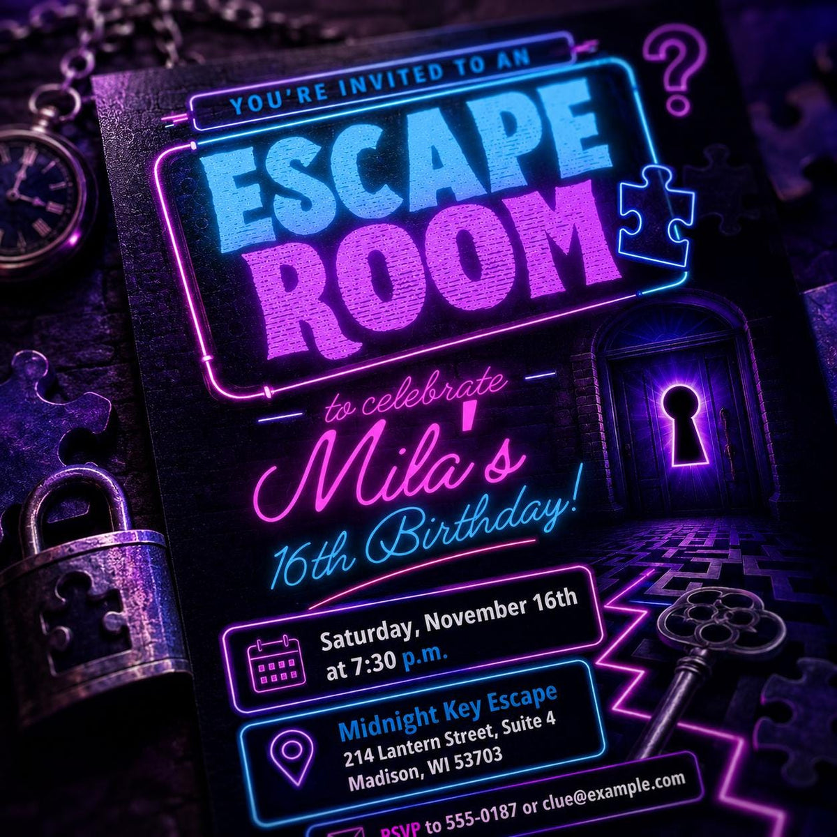 Neon Escape Room 16th Birthday Invitation — detective design