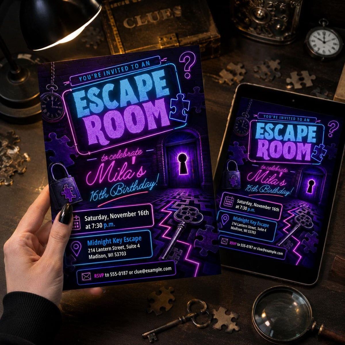 Neon Escape Room 16th Birthday Invitation — invitation you personalize in Canva