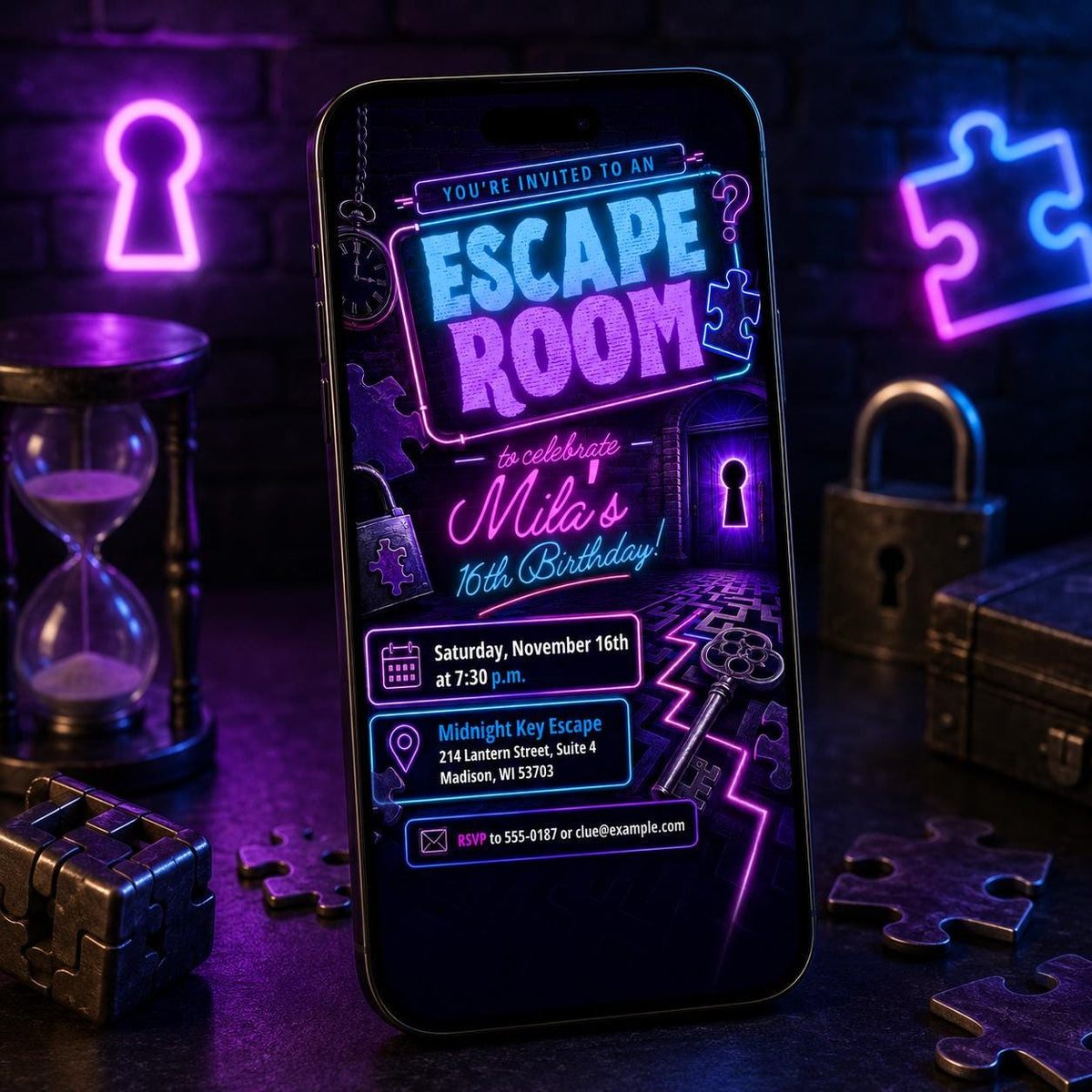 Neon Escape Room 16th Birthday Invitation — digital invitation, instant download