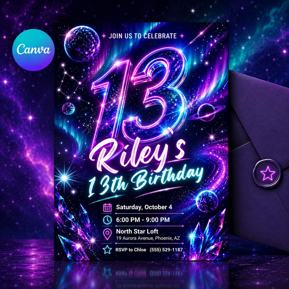Neon Galaxy 13th Birthday Invitation — editable Canva template