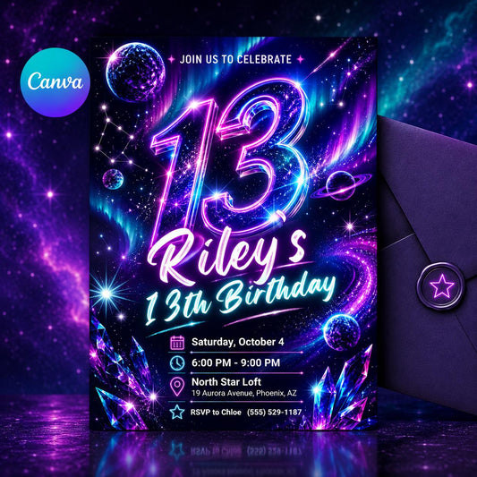 Neon Galaxy 13th Birthday Invitation — editable Canva template