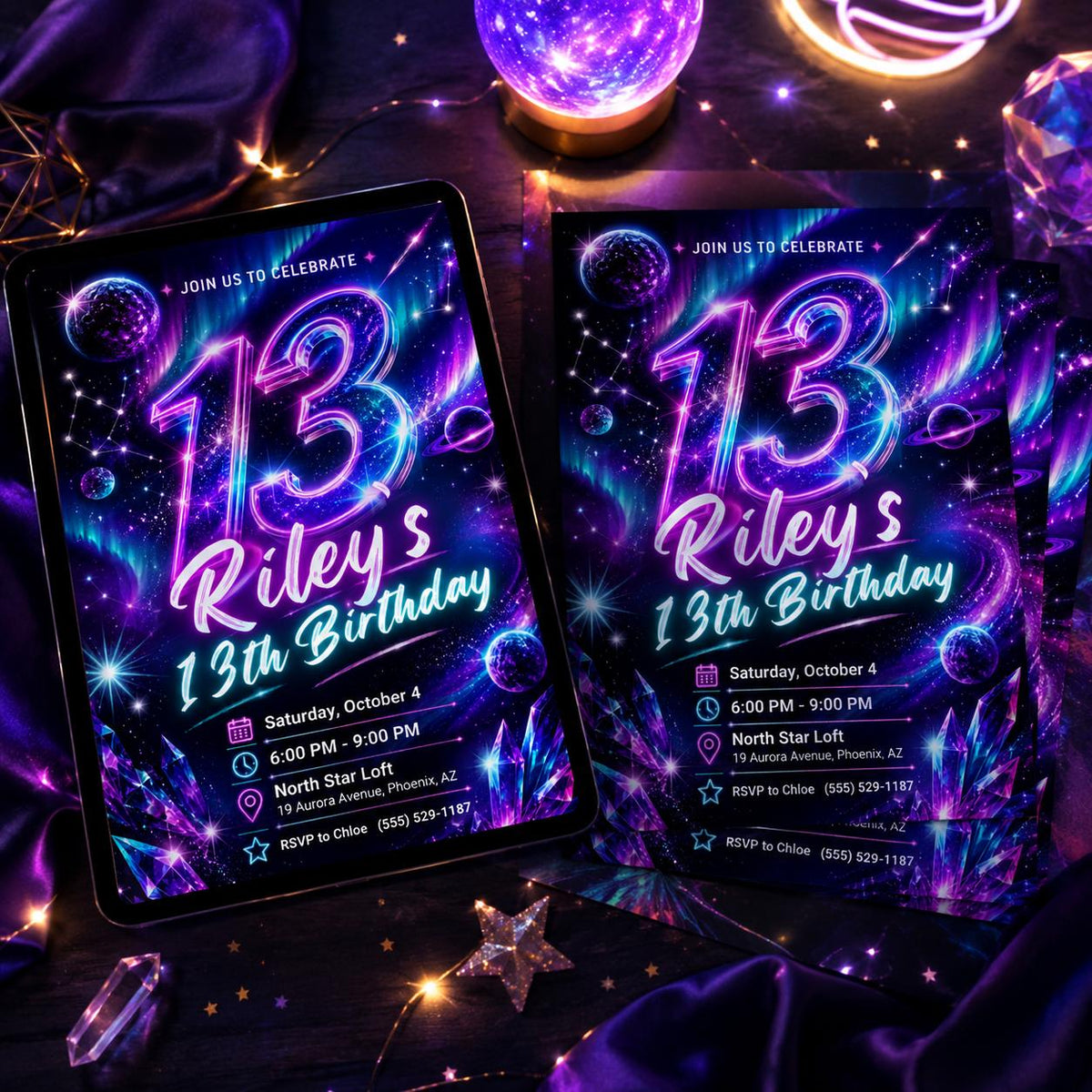 Neon Galaxy 13th Birthday Invitation — space design