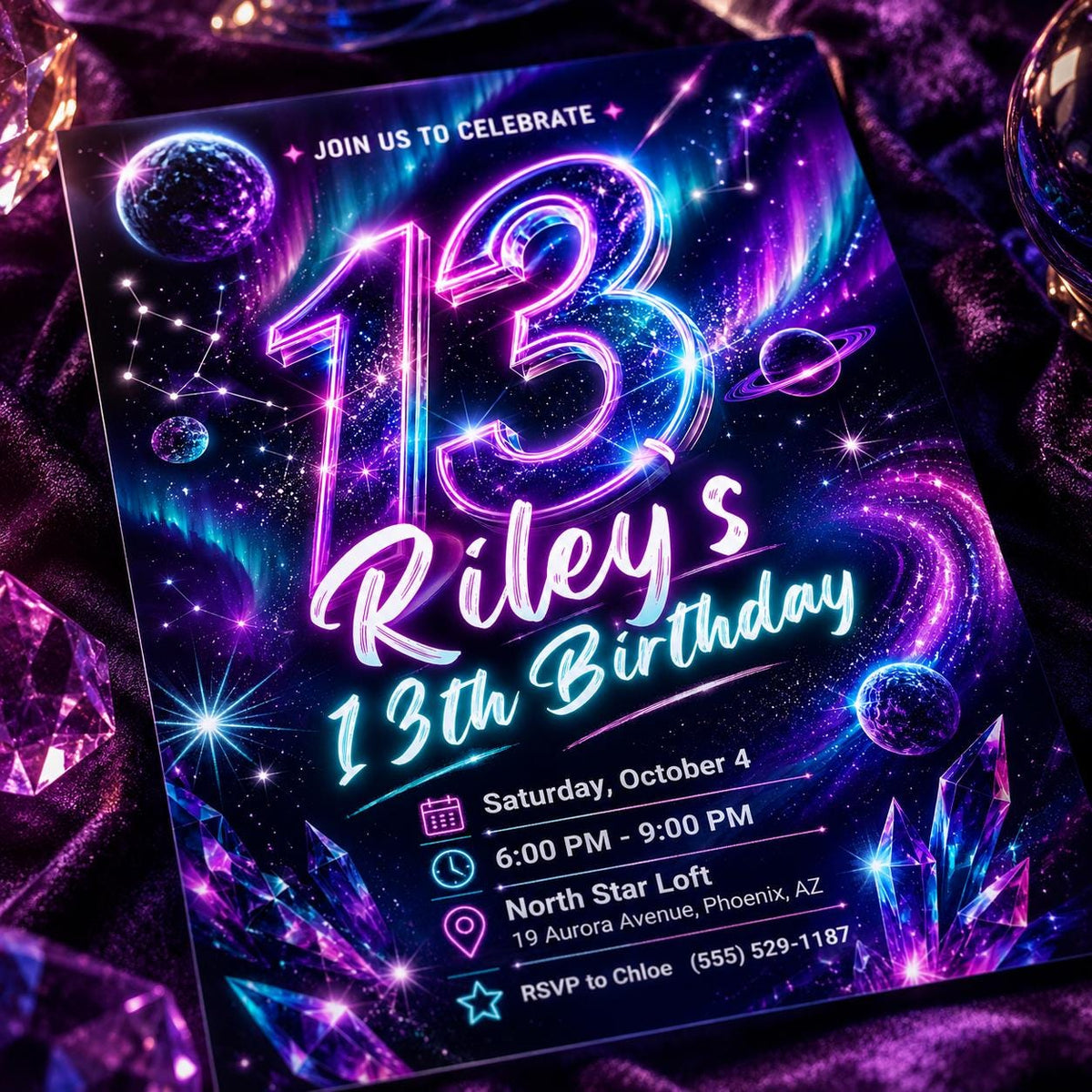 Neon Galaxy 13th Birthday Invitation — invitation you personalize in Canva