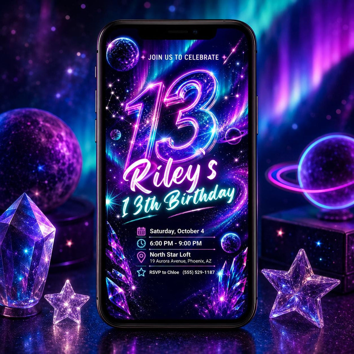 Neon Galaxy 13th Birthday Invitation — print-ready 13th birthday party design from VoltBy