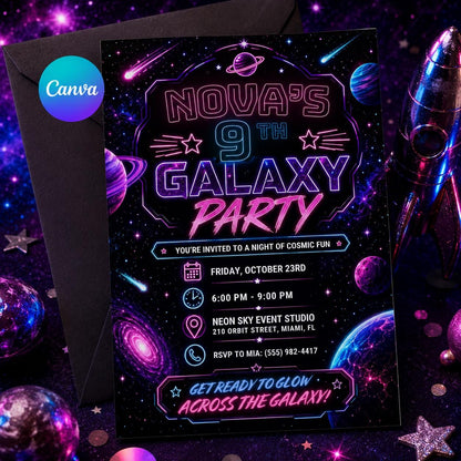 Neon Galaxy 9th Birthday Invitation — editable Canva template