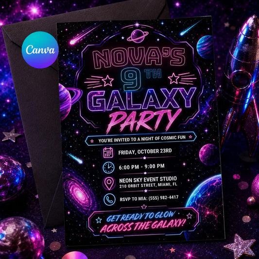 Neon Galaxy 9th Birthday Invitation — editable Canva template