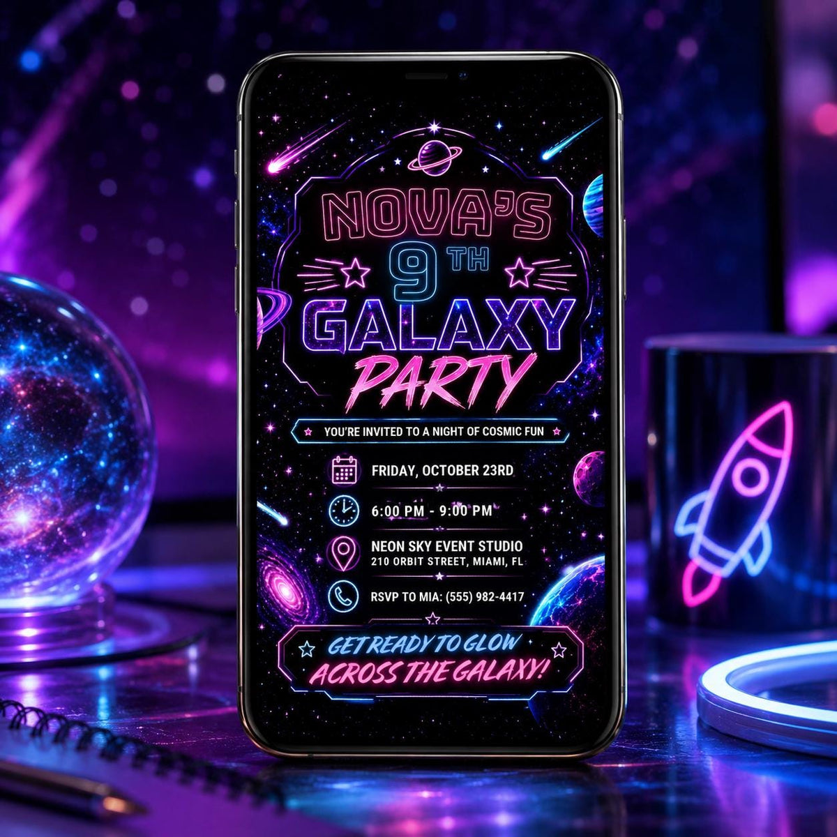 Neon Galaxy 9th Birthday Invitation — celestial and space design
