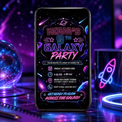 Neon Galaxy 9th Birthday Invitation — celestial and space design