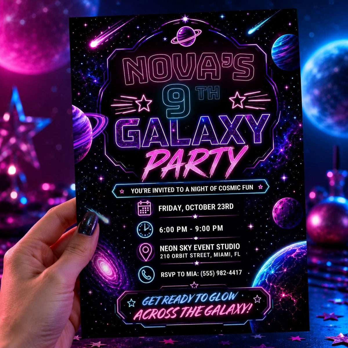 Neon Galaxy 9th Birthday Invitation — invitation you personalize in Canva