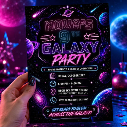 Neon Galaxy 9th Birthday Invitation — invitation you personalize in Canva