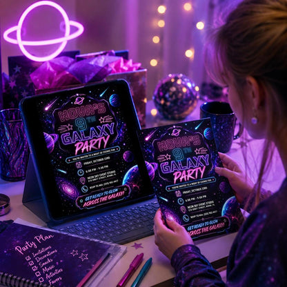 Neon Galaxy 9th Birthday Invitation — digital invitation, instant download