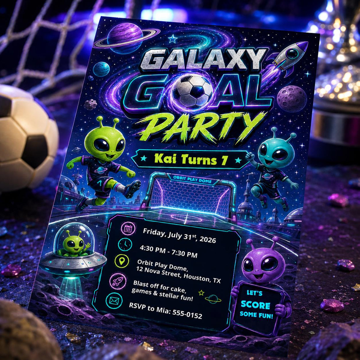 Neon Galaxy Goal Party 7th Birthday Invitation for Boys — soccer and space design