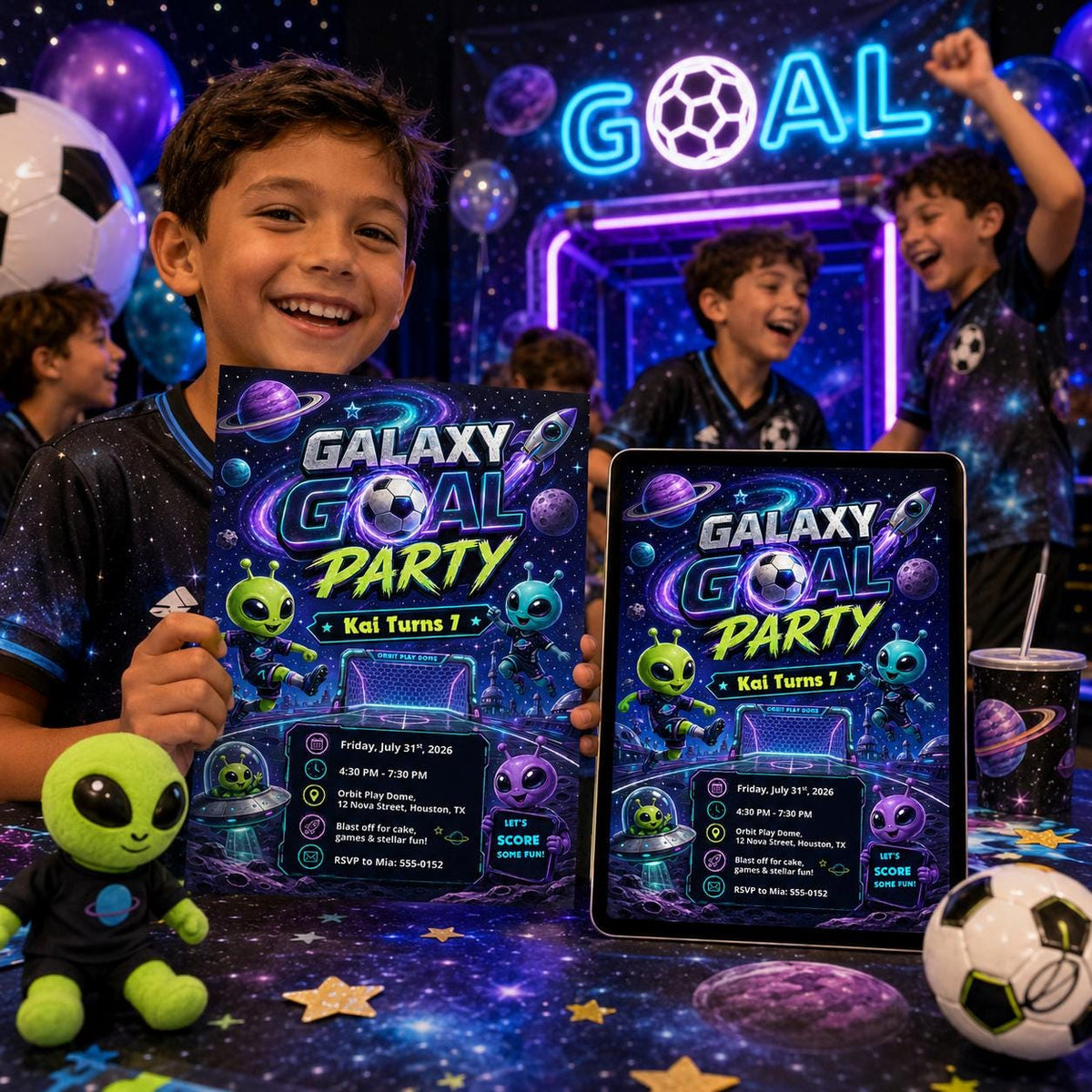 Neon Galaxy Goal Party 7th Birthday Invitation for Boys — invitation you personalize in Canva