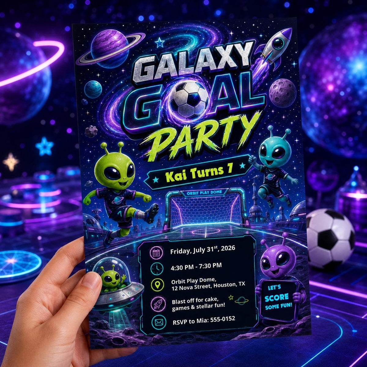 Neon Galaxy Goal Party 7th Birthday Invitation for Boys — print-ready 7th birthday party design from VoltBy