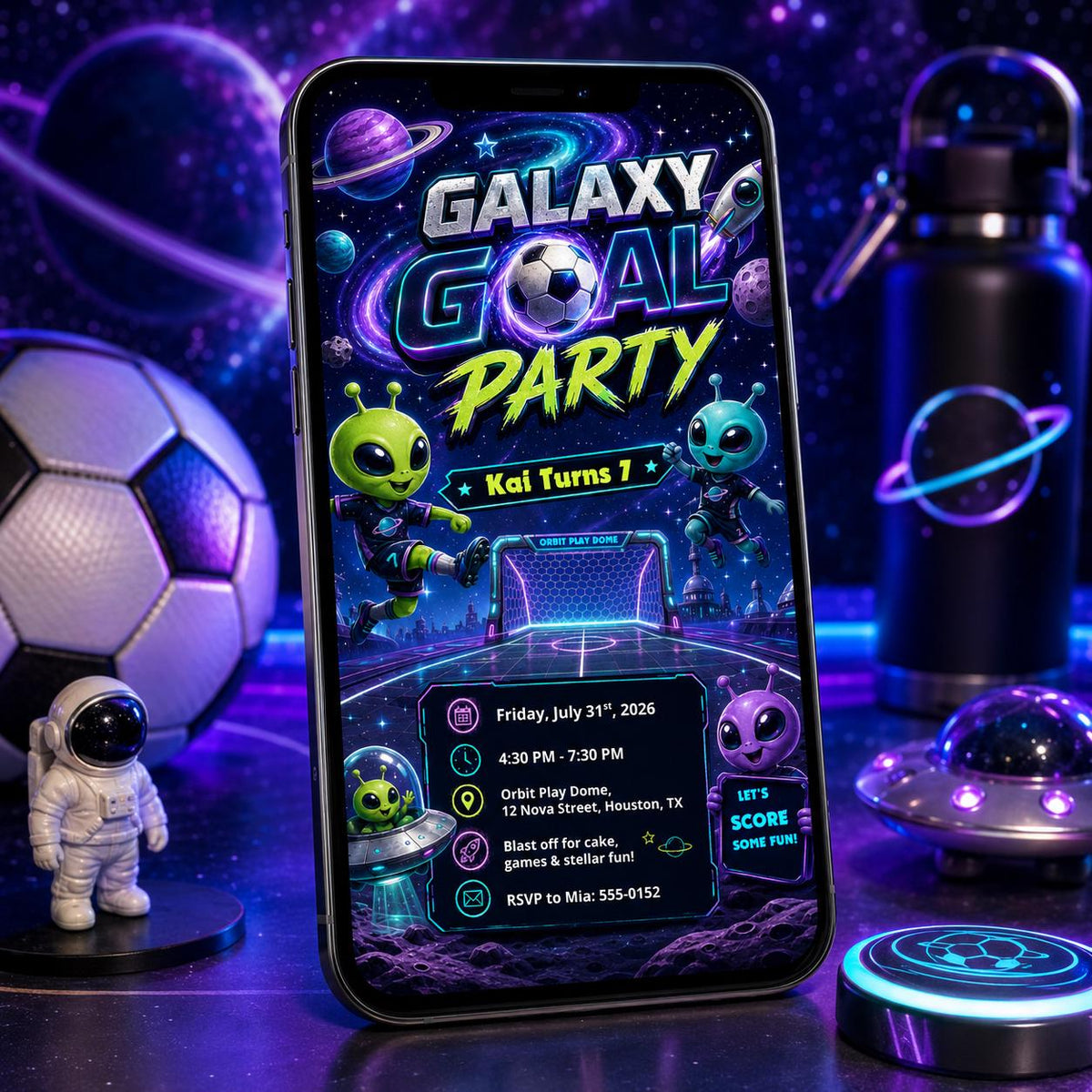 Neon Galaxy Goal Party 7th Birthday Invitation for Boys — digital invitation, instant download
