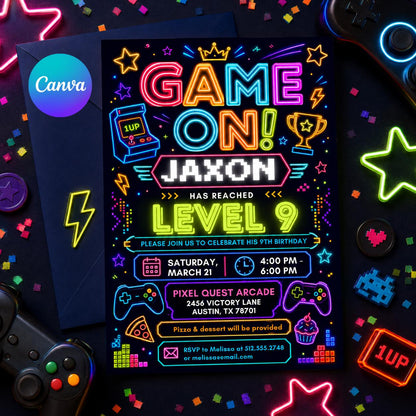 Neon Game On 9th Birthday Invitation with Arcade Icons — editable Canva template