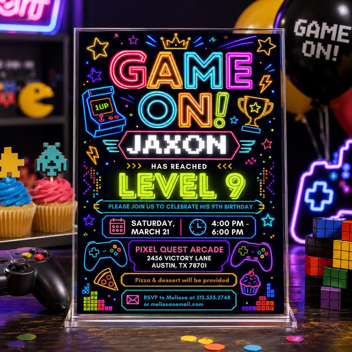 Neon Game On 9th Birthday Invitation with Arcade Icons — gaming design