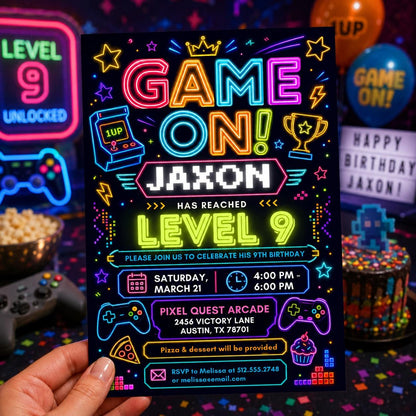 Neon Game On 9th Birthday Invitation with Arcade Icons — invitation you personalize in Canva