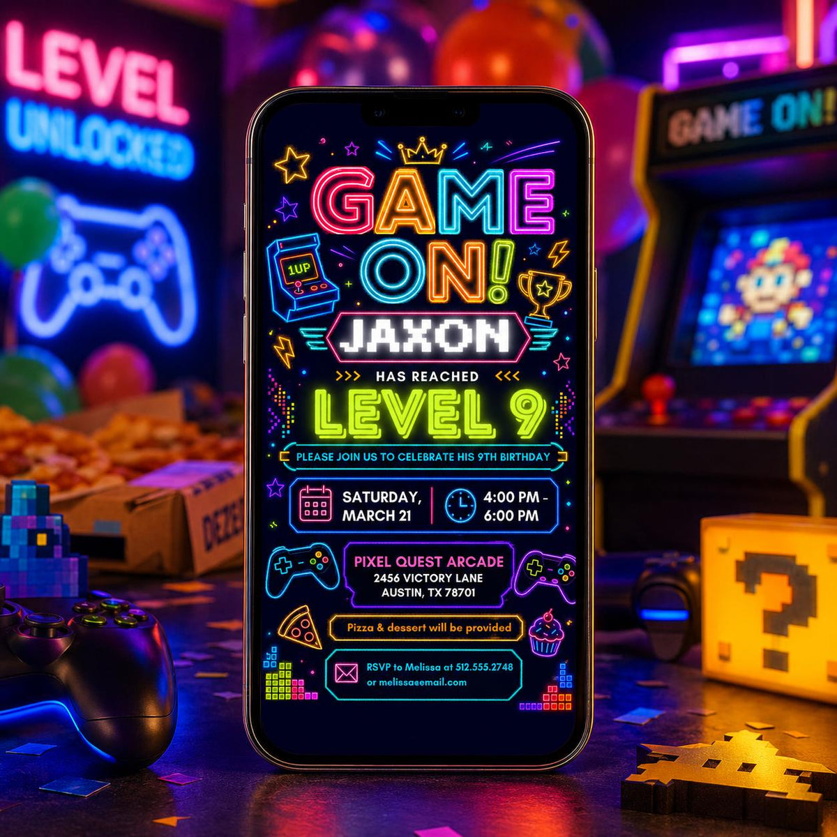 Neon Game On 9th Birthday Invitation with Arcade Icons — gaming artwork in black and blue