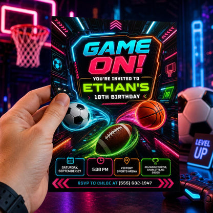 Neon Game On Sports Birthday Invitation — digital invitation, instant download