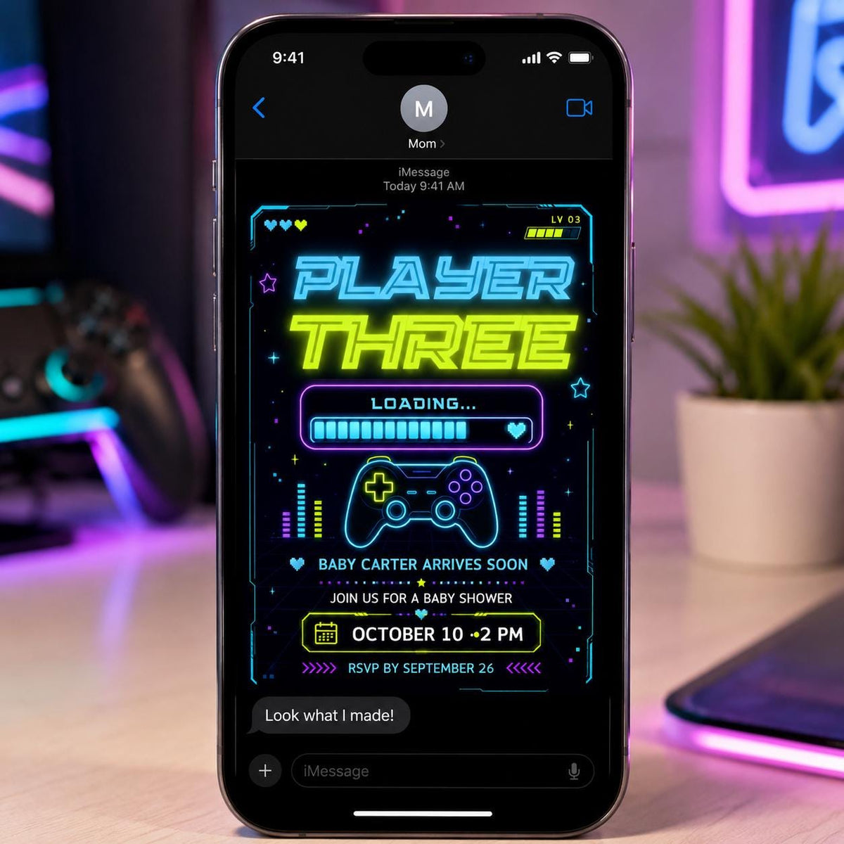 Neon Gamer Baby Shower Invitation — gaming design