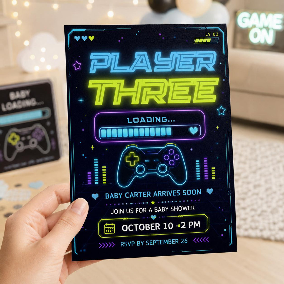 Neon Gamer Baby Shower Invitation — invitation you personalize in Canva