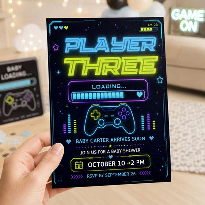Neon Gamer Baby Shower Invitation — invitation you personalize in Canva