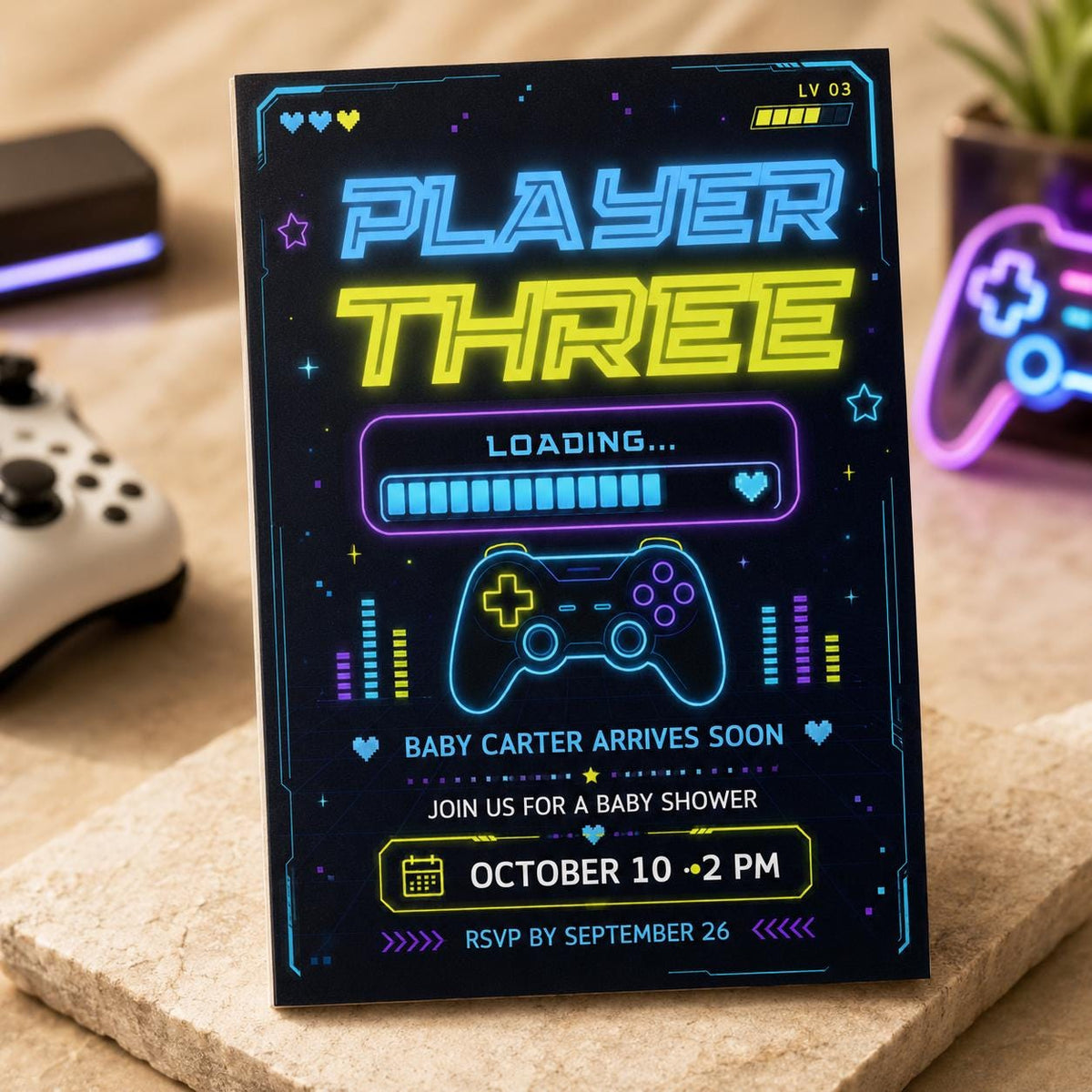 Neon Gamer Baby Shower Invitation — digital invitation, instant download