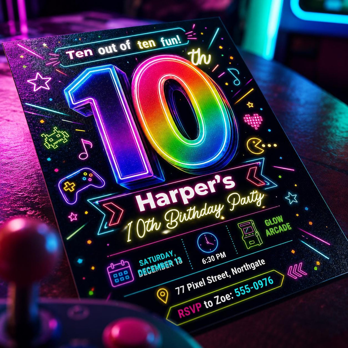 Neon Glow 10th Birthday Invitation — gaming design