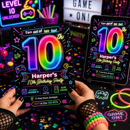 Neon Glow 10th Birthday Invitation — invitation you personalize in Canva