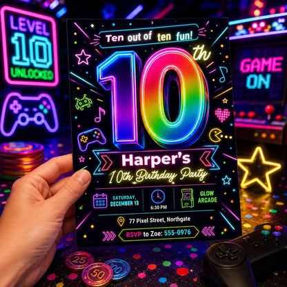 Neon Glow 10th Birthday Invitation — print-ready 10th birthday party design from VoltBy