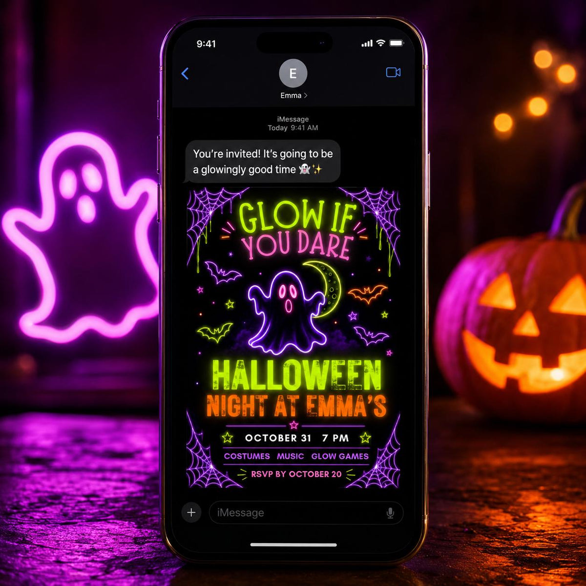 Neon Glow Halloween Party Invitation — ghost design