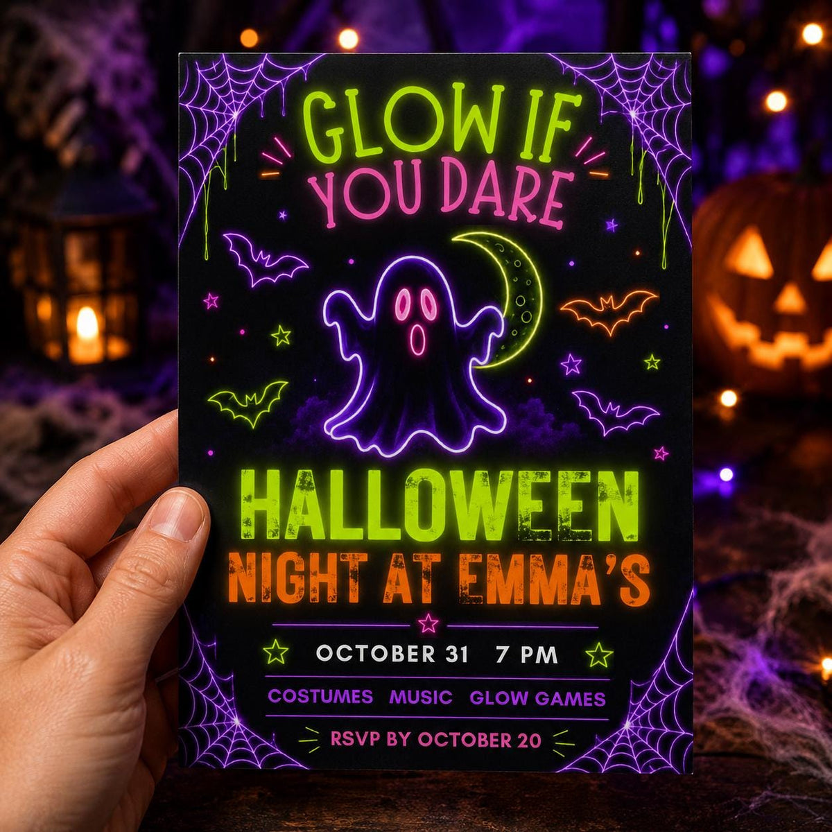 Neon Glow Halloween Party Invitation — invitation you personalize in Canva