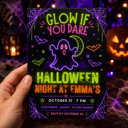 Neon Glow Halloween Party Invitation — invitation you personalize in Canva